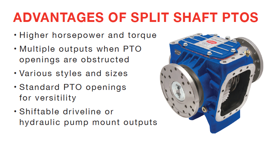 An image highlighting some of the advantages of using a split shaft PTO, shown with a picture of a split shaft PTO. 